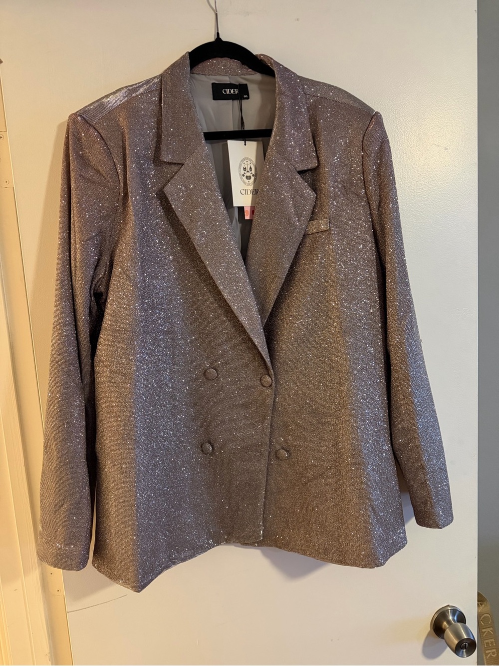 Cider Sparkle Double-Breasted Blazer in Shimmery Taupe